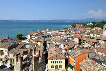 View from Castle Rocca Scaligera in Sirmione, Garda Lake. spectacular view on lake, italian autumn.