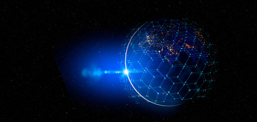 Communication technology for internet business. Global world network and telecommunication on earth cryptocurrency and blockchain and IoT. Elements of this image furnished by NASA