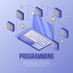 Digital isometric design concept scene-laptop and programming languages for coding online school,app,internet page,banners.Isometric business social icons-computer,php,java,html-web online concept