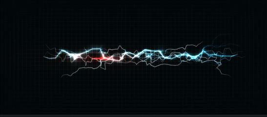 Lightning various colors, glowing thunderbolt and brightning power shock magic lines on black background. Vector illustration.