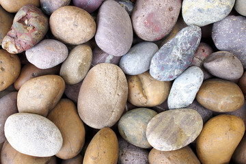 Fototapeta na wymiar pile of earth tone color pebble stone texture background, close-up top view