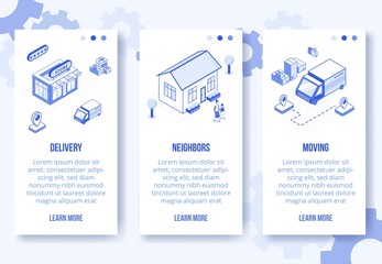 Digital isometric design concept set of delivery,moving home mobile app screen vertical banners.Isometric social business scenes-house,people characters,truck,boxes on page banner web online concept