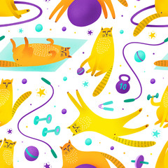 Seamless pattern with funny cats that do fitness. 