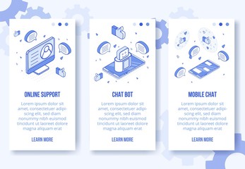 Digital isometric design concept set-online support service,mobile chat bot app screen vertical banners.Isometric social marketing icons-mobile phone,laptop,heart,thumb up,messages-web online concept