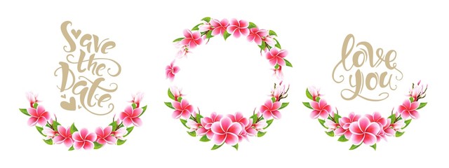 Wedding invitation card pink floral Plumeria bouquet and lettering set