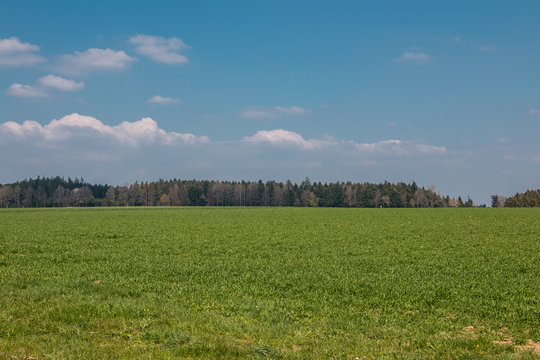 Big fields in the middle of the german countryside with hills, forests and meadows