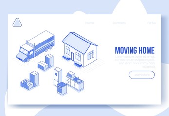 Digital isometric design concept scene of moving home helping app 3d icons.Business social illustration-isometric house,kitchen,truck car,package boxes on landing page banner web online concept