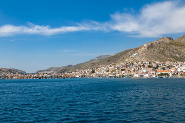 Fototapeta premium Pothia city on Kalymnos island. View form ferry.
