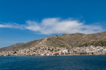 Fototapeta premium Pothia city on Kalymnos island. View form ferry.