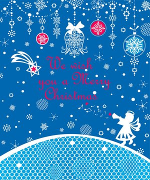 Xmas greeting blue lacy card with craft white paper cutting little angel, Christmas star, snowflakes and hanging decoration with jingle bell