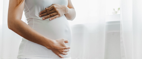 Young pregnant woman holding her belly over white window with copy space banner