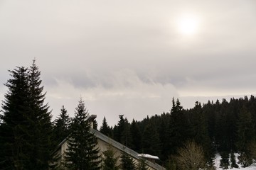Clouds inversion in the town during autumn morning from mountains. Slovakia