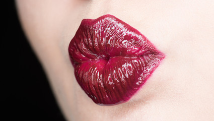 Beauty sensual lips, beautiful lip. Sexy sensual lip. Close-up big lips, bright lipstick. Glitter,...