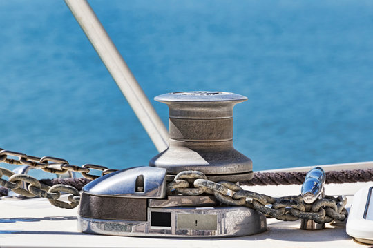 Chrome winch in a modern fiberglass sailboat