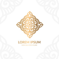 Golden vecor emblem. Elegant, classic elements. Can be used for jewelry, beauty and fashion industry. Great for logo, monogram, invitation, flyer, menu, brochure, background, or any desired idea.