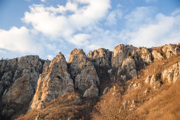 Demerdzhi mountain range in the rays of the setting sun. Autonomous Republic of Crimea