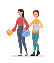 Happy students girls with books and notebooks on isolated background. Vector character illustration in cartoon style