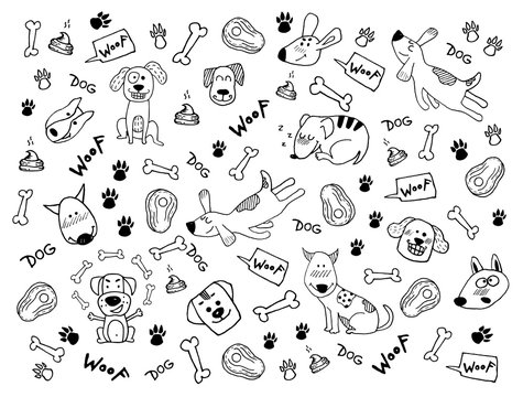 Hand doodle vector Clipart with funny dogs, paw prints and bones. Cute surface design for wallpaper, background, print