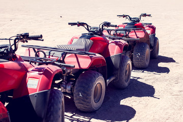 Obraz premium A group of quad bikes drive in the desert