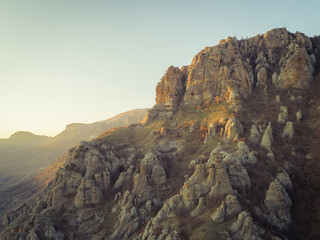 Demerdzhi mountain range in the rays of the setting sun. Autonomous Republic of Crimea