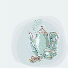 teapot cups anise blue vector christmas card background soft color pastel paint style