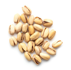 top view of pile of pistachios isolated on white background