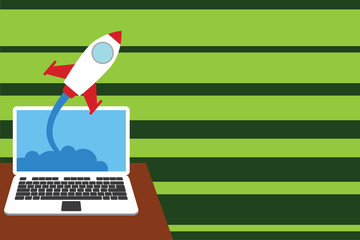 Successful rocket launching clouds out laptop background. Startup growing Design business Empty copy space text for Ad website promotion isolated Banner template