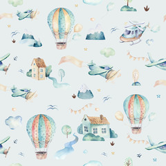 Obraz premium Watercolor set background illustration of a cute cartoon and fancy sky scene complete with airplanes, helicopters, plane and balloons, clouds. Boy seamless pattern. It's a baby shower design