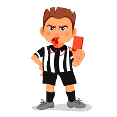 Whistling soccer referee showing red card during match, human character vector illustration. Sport cartoon design in flat style, football arbitrator with red colored paper in raised hand