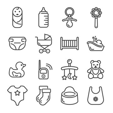 Set of baby and child care outline icons. Vector illustration.