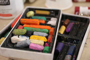 colorful crayons for sketching in a box