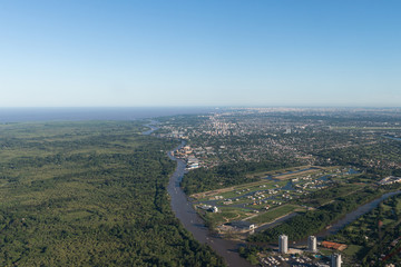 Aerial image showing at the river Lujan at Tigre city, at the area of  Rincón de Milberg and Reserva Natural Municipal de Tigre