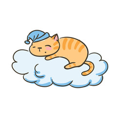doodle cute little cat vector sleep on the cloud