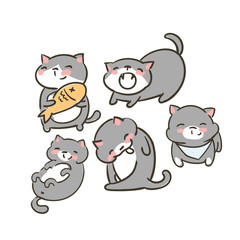 doodle cute little cat vector set grey food yawn lick lay smile