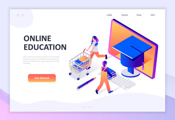 Modern flat design isometric concept of Online Education decorated people character for website and mobile website development. Isometric landing page template. Vector illustration.
