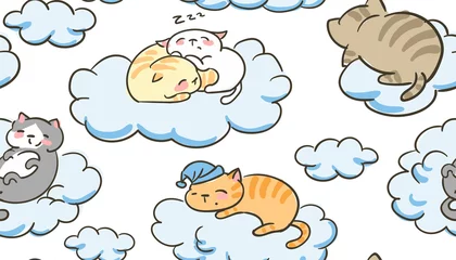 Rugzak doodle schattige kleine kat vector naadloze patroon slaap wolken © CharlieNati