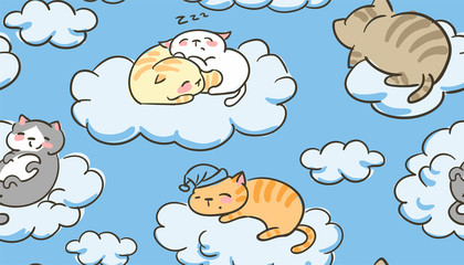 doodle cute little cat vector seamless pattern sleep clouds
