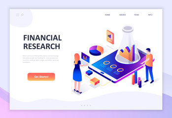 Modern flat design isometric concept of Financial Research decorated people character for website and mobile website development. Isometric landing page template. Vector illustration.