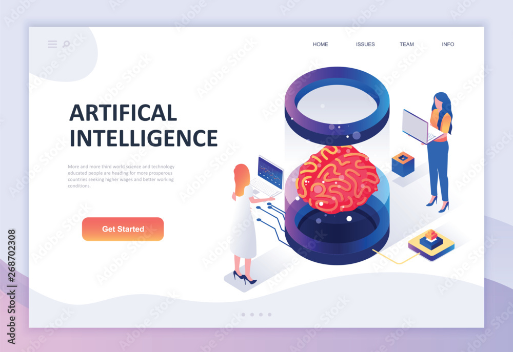 Fototapete Modern flat design isometric concept of Artificial Intelligence decorated people character for website and mobile website development. Isometric landing page template. Vector illustration.