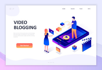 Modern flat design isometric concept of Video Blogging decorated people character for website and mobile website development. Isometric landing page template. Vector illustration.
