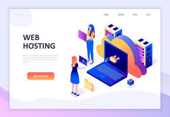 Modern flat design isometric concept of Web Hosting decorated people character for website and mobile website development. Isometric landing page template. Vector illustration.