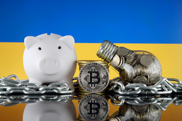 Bitcoin (BTC), Blockchain Technology, energy concept and Ukraine Flag. Electricity prices, energy saving in the cryptocurrency mining business.