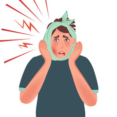 Man touches his hands bandage with a bad tooth. Flux or inflammation of the gums and cheeks. Vector illustration for dentistry