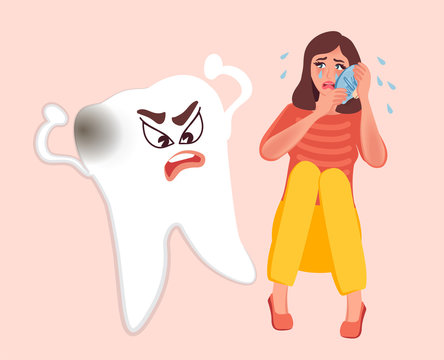 The girl has a toothache, she suffers and is afraid to go to the doctor. Angry tooth cartoon. Vector illustration of people for medical institutions
