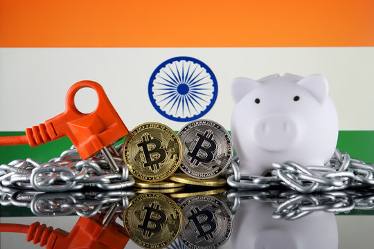 Bitcoin (BTC), Blockchain Technology, energy concept and India Flag. Electricity prices, energy saving in the cryptocurrency mining business.