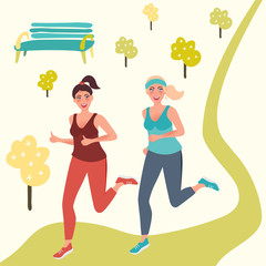 Morning jog in the Park. Running girls are happy. Vector illustration of fitness in nature