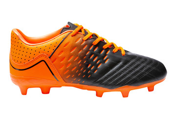 football boots, combined color orange with black, sports shoes, on a white background