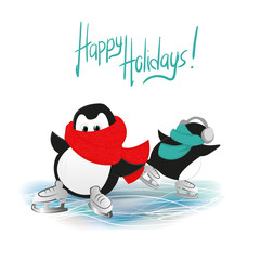 skating penguins happy holidays vector card, first time skating