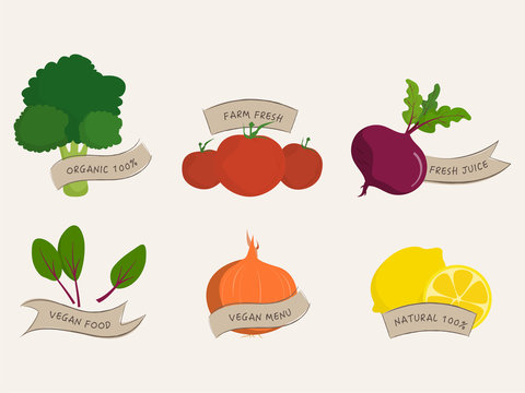  Vegetables organic label Healthy farm food banner and Vegan Natural bio product.