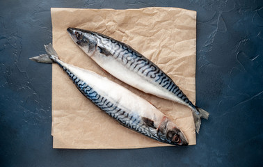 Fresh, raw mackerel with spices, tomatoes, rosemary, on parchment paper on a background of concrete